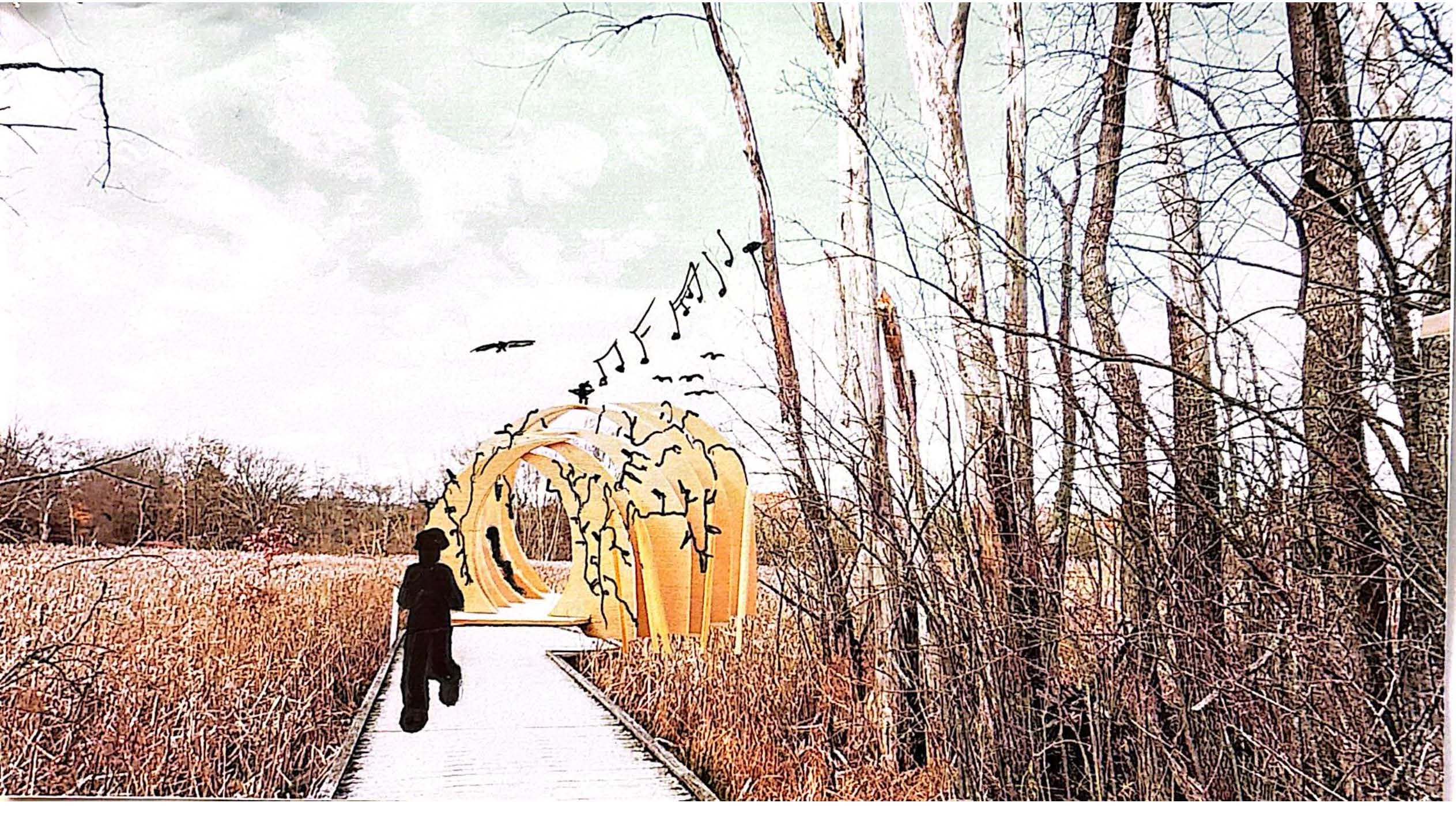 Perspective Collage with site photos, model photos, and drawing. 